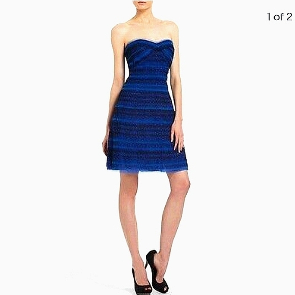 NWT BCBGMAXAZRIA Valentine mini formal strapless dress in larkspur and black